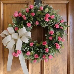 Dusty Miller Rosebud Spring Summer Wreath for Front Door Eucalyptus Pink Roses
